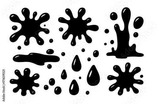 Black ink splashes and liquid paint drops collection. Vector set of cartoon splatters, messy blobs and dripping fluid silhouettes. Graphic design elements isolated on white.