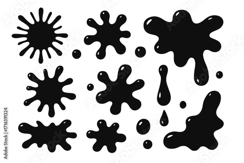 Black ink splash set and paint splatter collection. Liquid drops, drips, and abstract blob silhouettes. Vector cartoon illustration of messy grunge stains and glossy shapes.