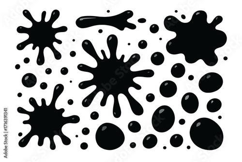 Black ink splashes and paint drops collection. Liquid drip silhouettes. Abstract vector blots and stain shapes. Splatter graphic design elements. Grunge dirty spots set isolated.