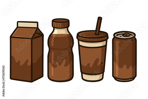 Chocolate milk vector icon set. Cartoon illustration of various drink containers: carton, plastic bottle, soda can, and takeaway cup. Beverage packaging design collection.
