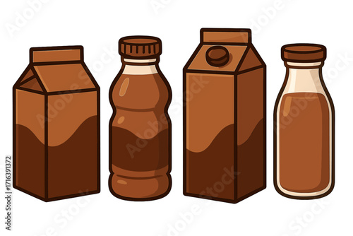 Chocolate milk carton and bottle vector illustration set. Collection of dairy beverage drink packaging. Brown cacao refreshment product in various containers flat cartoon design.