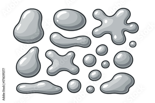 Set of liquid metal drops. Silver chrome mercury blobs and splashes. Abstract shiny shapes. Glossy metallic fluid elements. Vector cartoon illustration isolated on white background.