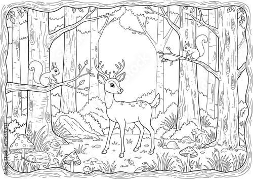 A Little Deer and Two Squirrels in a Beautiful Woodland Glade with Mushrooms and Trees, Black and White Coloring Page for Kids