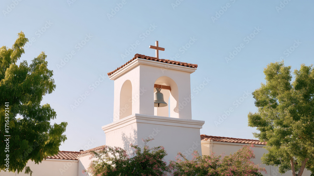 Fototapeta premium Beautiful church bell tower stands tall against clear blue sky, featuring prominent cross atop its structure. surrounding trees add touch of greenery, enhancing serene atmosphere