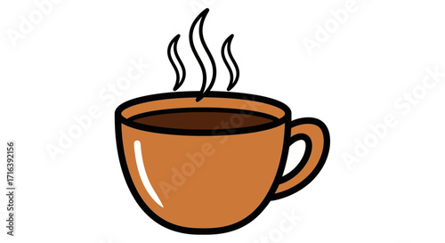 A steaming brown cup of coffee illustration against a white background