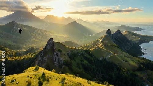 Breathtaking Aerial View of Mountain Ranges at Sunset Golden Hour