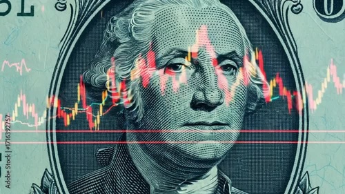 Close up of george washington on a dollar bill with stock market graph overlaying the image