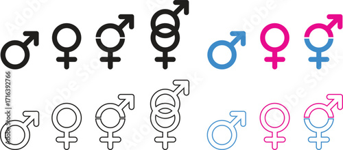Gender symbol icon set. Male and female signs icon isolated on transparent background. Sex silhouette design elements for equality, diversity, identity, relationship concepts. Vector illustration.