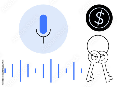 Microphone with sound waves, overlapping keys, and dollar coin highlighting voice security, accessibility, finance, and technology. Ideal for concepts thumbs up privacy, innovation, and data access