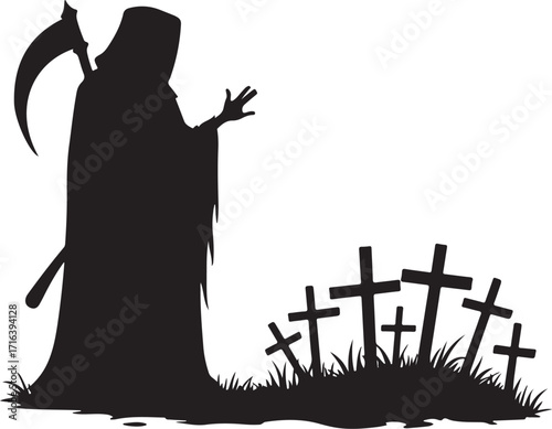 Grim Reaper with Scythe and Graveyard Crosses Silhouette