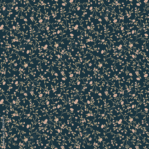 Elegant botanical seamless pattern with delicate climbing vines and tiny flowers. Shabby chic floral vector on a dark background for fabric, wallpaper, or wedding decor.