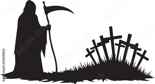 Grim Reaper with Scythe standing in a graveyard with crosses