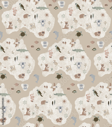 Australian map and animals seamless pattern. Cute hand-drawn koala, kangaroo, and platypus in a soft, earthy palette. Kids nursery vector for baby fabric or wallpaper.