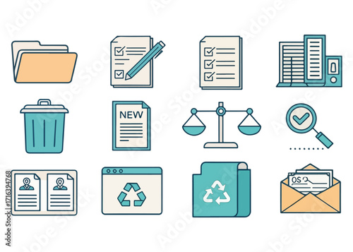 Office documents and business symbols in flat design representing tasks correspondence recycling and file management
