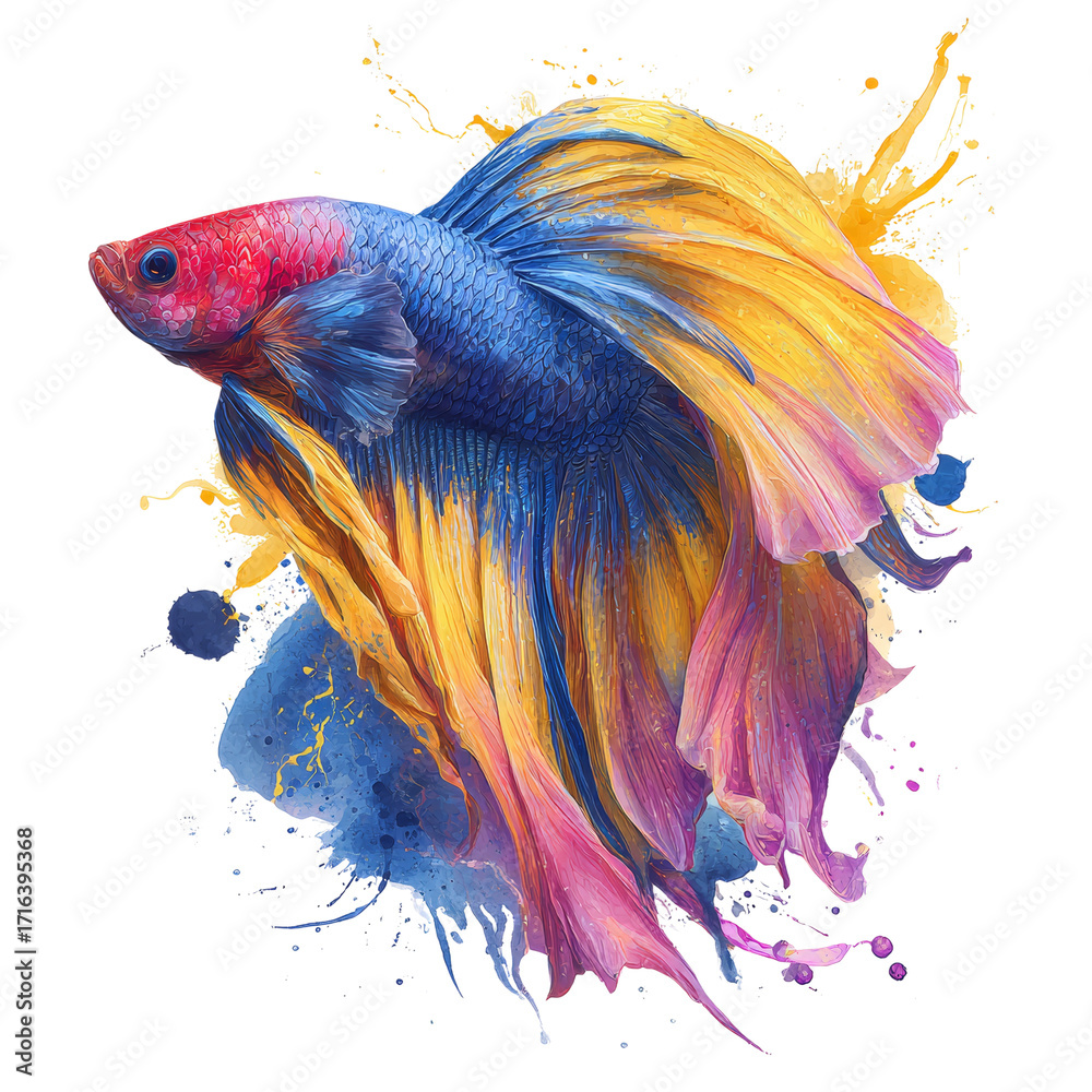 Obraz premium Vibrant Betta Splendens Portrait with Energetic Color Bursts on Transparent Field