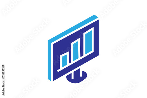 This image shows a minimalist isometric icon of a computer monitor displaying a bar chart.