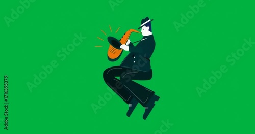 Music industry saxophonist playing orange sax on transparent background, sending orange bursts