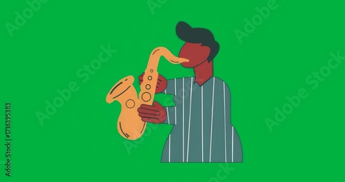 Musician playing saxophone on transparent background with glitchy pixels for music marketing