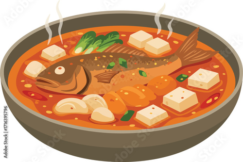 Spicy Fish Stew in a Bowl with Tofu and Vegetables.