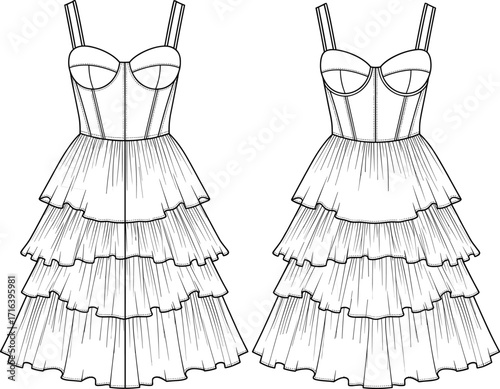 PrintA Dress with a Ruched Bodice, Puff Sleeves, and Tiered Skirt, CAD Drawing