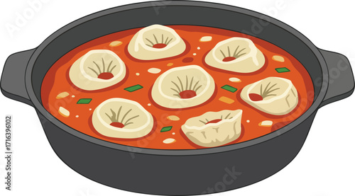 A delicious-looking bowl of steaming hot soup filled with dumplings and garnished with green herbs.