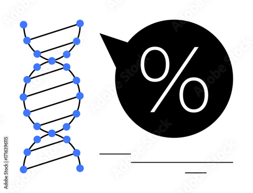 DNA helix with blue nodes beside a black speech bubble containing a percentage sign. Ideal for genetics, science, analytics, statistics, biology, education, and communication. Simple flat metaphor