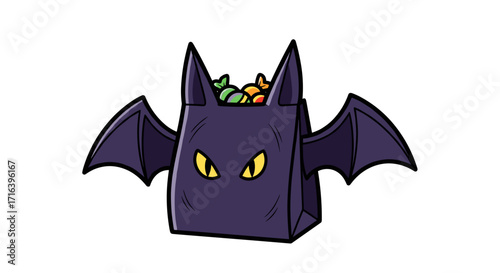 Halloween treat bag shaped like a bat with candies inside  