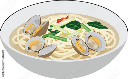 A bowl of clam noodle soup with vegetables.