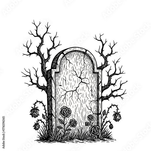 Detailed gravestone with cracked surface and wilting flowers isolated on transparent background   