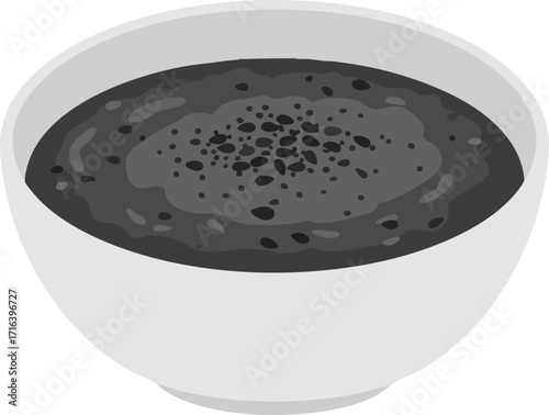 A white bowl filled with dark black sesame soup, garnished with whole sesame seeds, presented against a plain background.