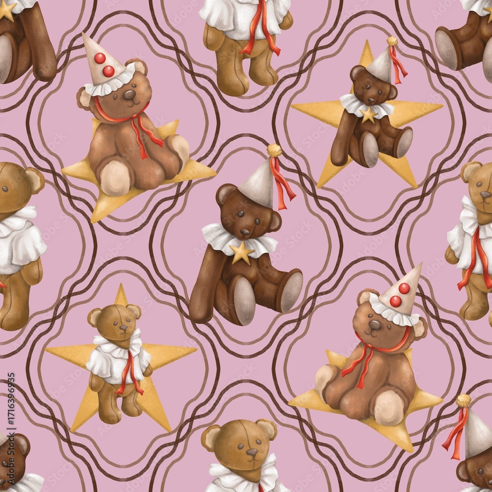 Naklejka premium Teddy Bear and Star Seamless Pattern, Cute Vintage Bear Digital Paper, Circus Clown Scrapbook 