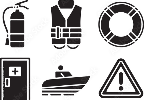 Safety icons: fire, life vest, boat, medical, warning