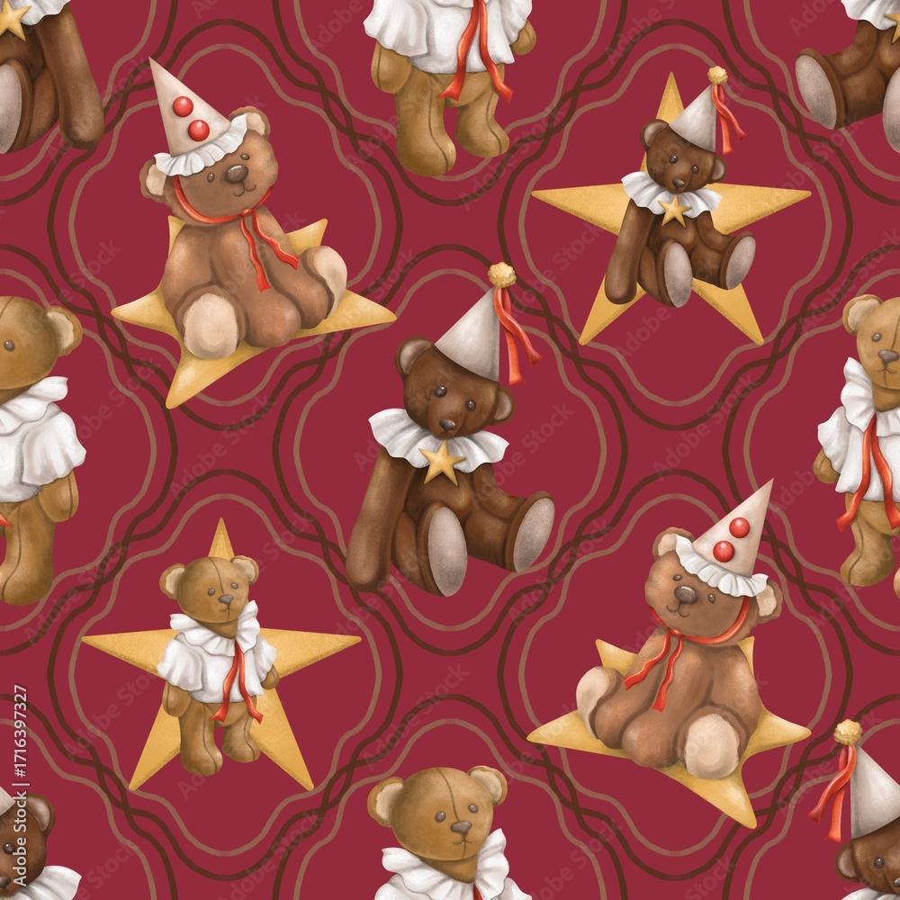 Obraz premium Teddy Bear and Star Seamless Pattern, Cute Vintage Bear Digital Paper, Circus Clown Scrapbook 