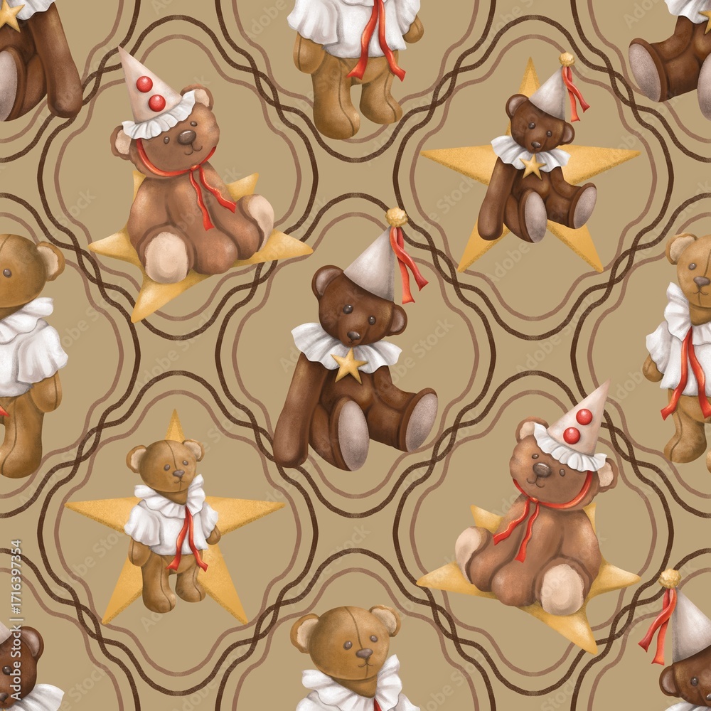 Obraz premium Teddy Bear and Star Seamless Pattern, Cute Vintage Bear Digital Paper, Circus Clown Scrapbook This teddy bear and star seamless pattern is a delightful digital design featuring vintage-style 