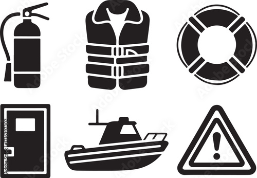 Safety equipment icons boat fire extinguisher life vest warning