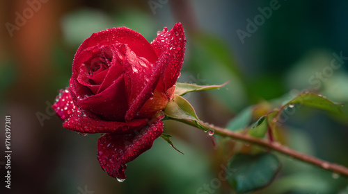 A close up of a vibrant red rose with water droplets on its petals against a blurred background