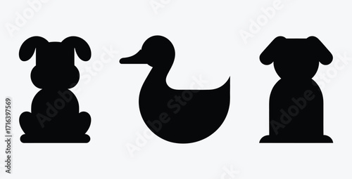 Simple animal icon set with duck and two dogs in black