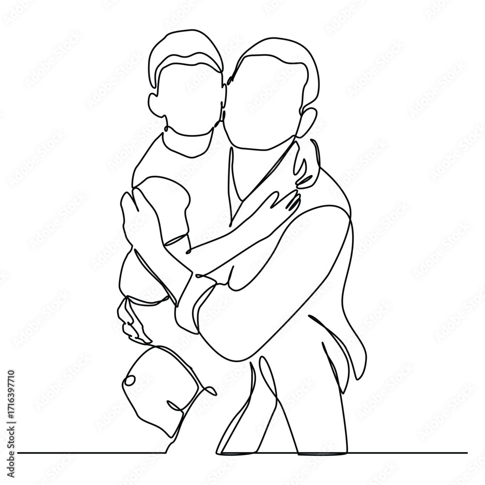 Fototapeta premium Parent with child in continuous one line art artistic style. Father's day card. Dad hugs his child.