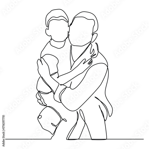 Parent with child in continuous one line art artistic style. Father's day card. Dad hugs his child.