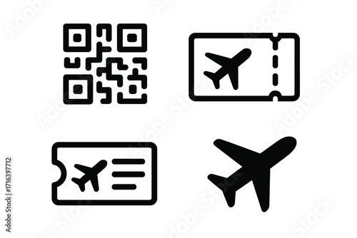 Air travel icon set with QR code for digital ticket or mobile boarding pass. Vector illustration of airplane flight symbols for airport, booking and vacation journey concept.