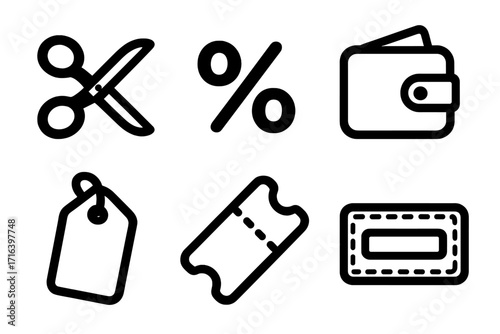 Black icon set for discounts, sales and deals. Vector line art for shopping and e-commerce. Scissors, percent symbol, promo code, wallet, price tag, ticket, coupon, voucher.