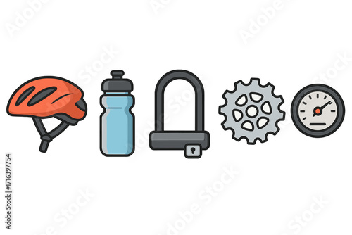Bicycle essentials icon set. Vector cartoon illustration of bike accessories including helmet, water bottle, U-lock, gear and speedometer. Cycling equipment for safety and security.