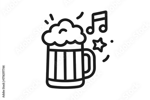 Beer mug icon for party, festival and celebration. Pub or bar drink symbol with music note. Vector line art illustration for beer festival or Oktoberfest. Cold foam ale doodle.