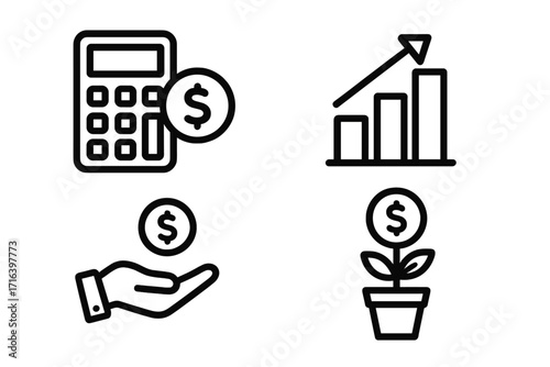 Business and finance line icon set. Minimalist vector icons for investment, money growth, savings, and profit. Financial success concept with chart, calculator, and coin.