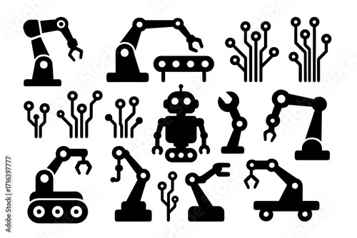 Industrial automation vector icon set. Silhouettes of robotic arms, factory machinery, conveyor belt, circuit board. Manufacturing technology, engineering, production line.