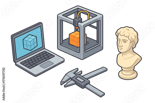 Isometric 3D printing process concept. Vector illustration of a 3D printer, laptop with CAD model, caliper and sculpture. Rapid prototyping and additive manufacturing technology.