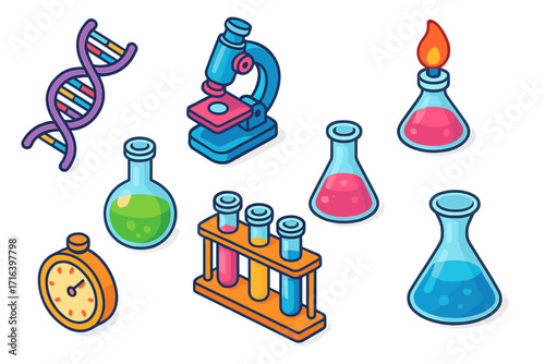 Isometric science icon set. Vector cartoon illustration of lab equipment for chemistry, biology, medical research. DNA, microscope, flask, test tube, burner elements.