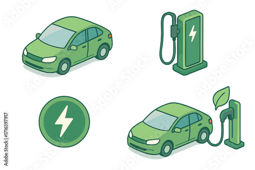 Electric vehicle and charging station icon collection in isometric design. Sustainable transport concept with green car, battery power symbol and eco friendly energy.