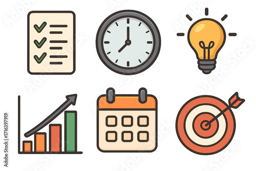 Business icon set for success and productivity. Includes checklist, time clock, idea lightbulb, growth graph, calendar planning, and target goal. Vector cartoon illustration.