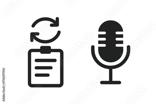 Note sync and voice recording vector icon set. Minimalist UI UX design elements. Clipboard with refresh symbol for app data synchronization. Microphone for audio podcast.